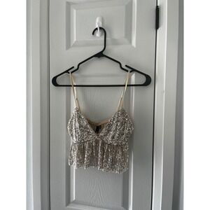 Sequin Peplum Cami Top Champagne Silver XS Cropped V-Neck Festival Coachella
